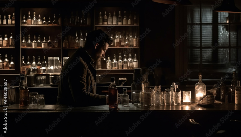 One man, a bartender, working dark bar, pouring whiskey generated by AI