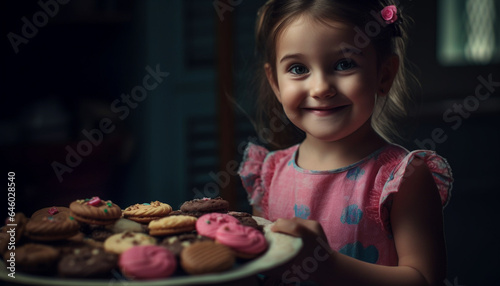 Cute girl holding muffin  enjoying sweet food and smiling cheerfully generated by AI