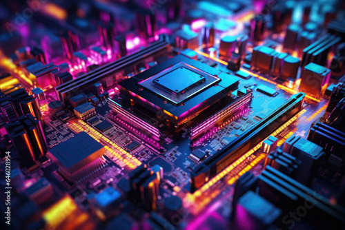 Close up of computer circuit board with Cyperpunk futuristics light background. Technology and innovation. Blue pink purple violet yellow orange colorful tone.