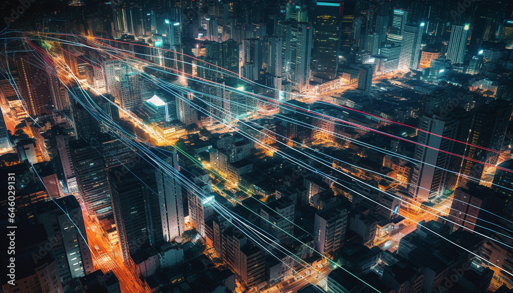 City skyline glows with modern architecture, traffic rushes below generated by AI City skyline glows with modern architecture, traffic rushes below generated by AI