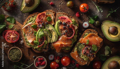 Grilled avocado and beef ciabatta sandwich, a gourmet healthy meal generated by AI