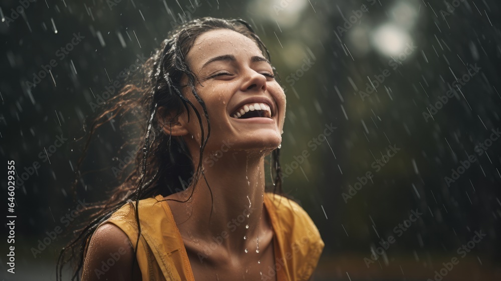 Beautiful woman smiling under the rain, nature,  tranquility, mindfulness, nature therapy, mental health, nature’s healing, self-care