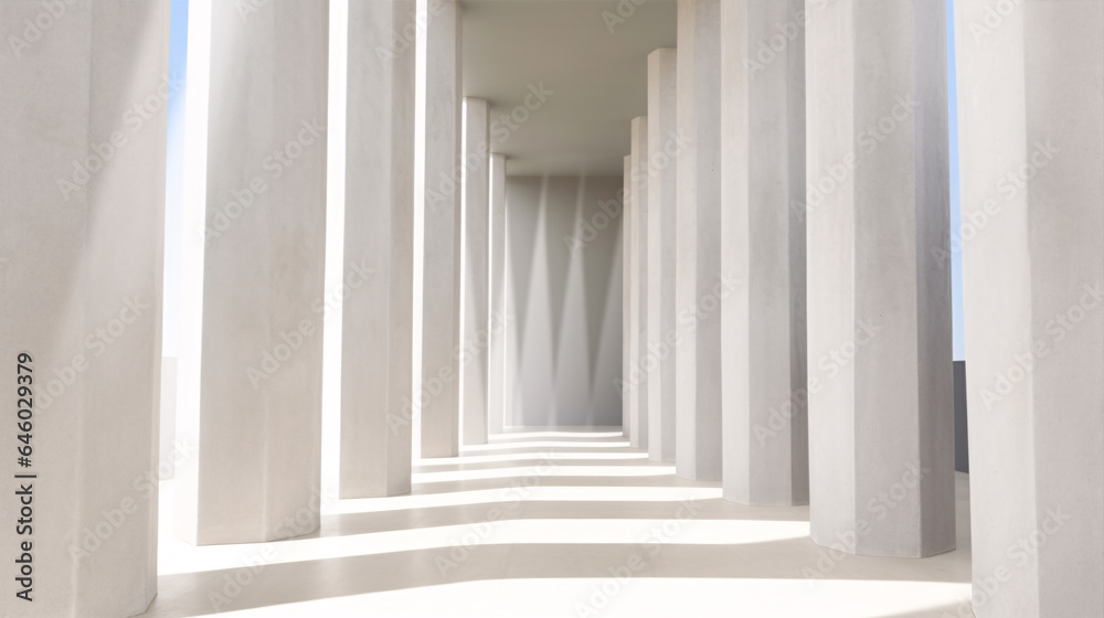 The sun's rays penetrate the columns within a lengthy, white corridor of a cutting-edge, geometric concrete structure. The sun's rays penetrate the columns within a lengthy, white corridor of a cutting-edge, geometric concrete structure.