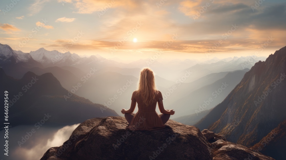 Woman doing yoga on top of a mountain rock at sunset, nature, landscape, tranquility, mindfulness, nature therapy, mental health, nature’s healing, self-care