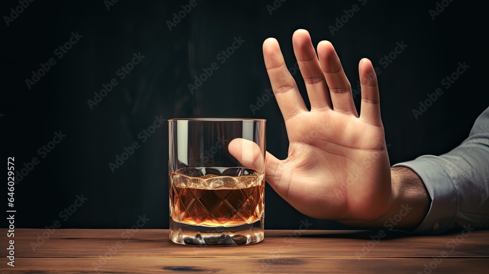 man refuses say no and avoid to drink an alcohol whiskey , stopping hand sign male, alcoholism treatment, alcohol addiction, quit booze, Stop Drinking Alcohol. Refuse Glass liquor, unhealthy, reject - obrazy, fototapety, plakaty 