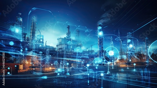 Modern factory, communication network. Telecommunication. IoT, Internet of Things, ICT, Information communication Technology,. Smart factory. Digital transformation, cloud connecting, generate by AI