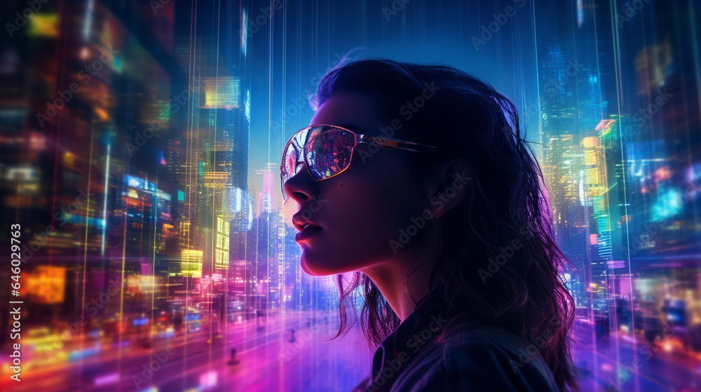 a neon city view where gravity is melting over bubbles and a person a neon city view where gravity is melting over bubbles and a person