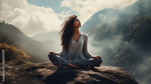 Beautiful woman seated on top of a mountain rock, nature, landscape, tranquility, mindfulness, nature therapy, mental health, nature’s healing, self-care