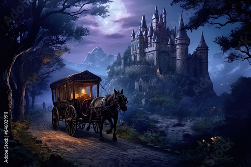 A horse drawn carriage with a castle in the background. Mysterious foggy scene.