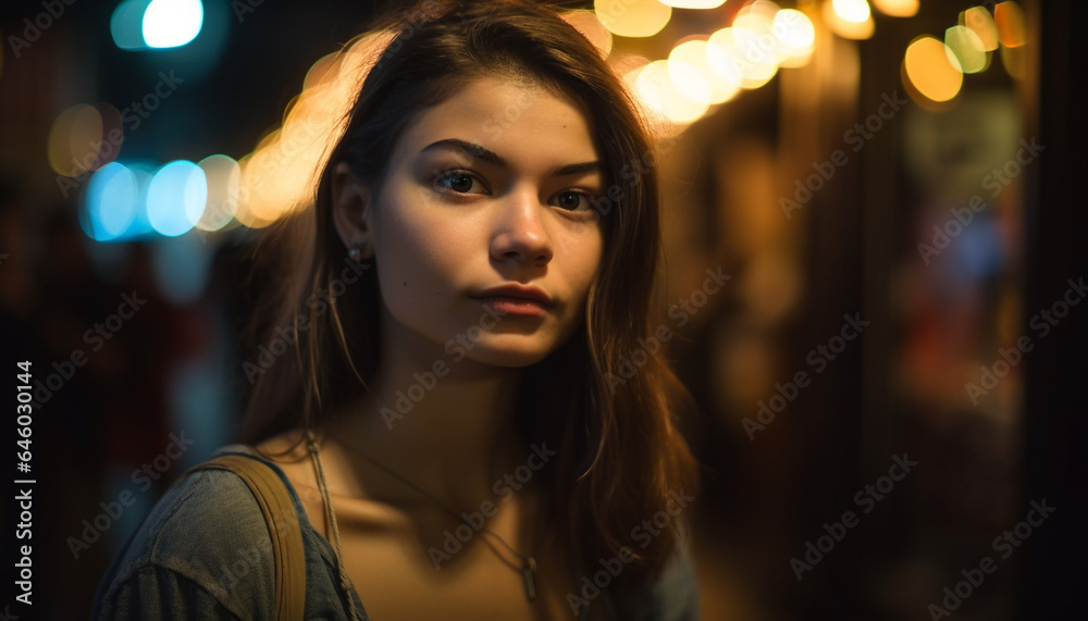 Fototapeta premium A beautiful young woman with brown hair smiles at the camera generated by AI