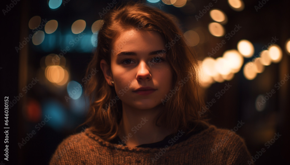 A beautiful young woman smiling, illuminated by street lighting equipment generated by AI A beautiful young woman smiling, illuminated by street lighting equipment generated by AI