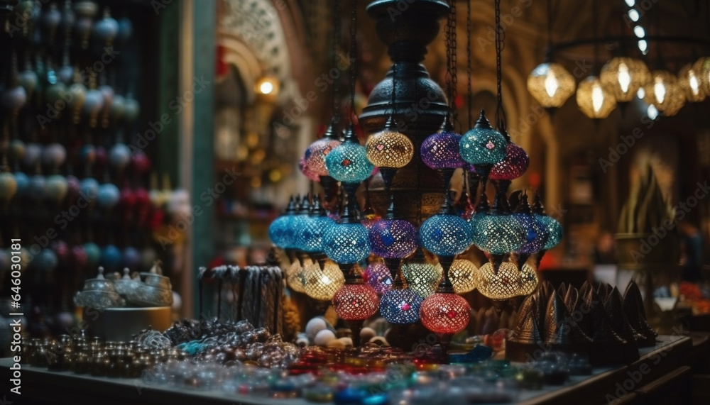 Ornate lanterns illuminate souvenir store abundance of Christmas decorations generated by AI