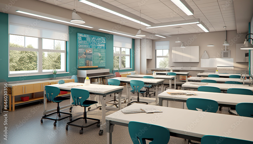 Teaching science in a modern high school classroom, no people generated by AI Teaching science in a modern high school classroom, no people generated by AI