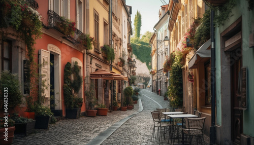 The narrow street architecture and flower pots showcase Italian culture generated by AI