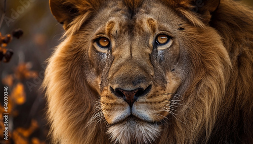 Majestic lion with selective focus  staring at camera in savannah generated by AI