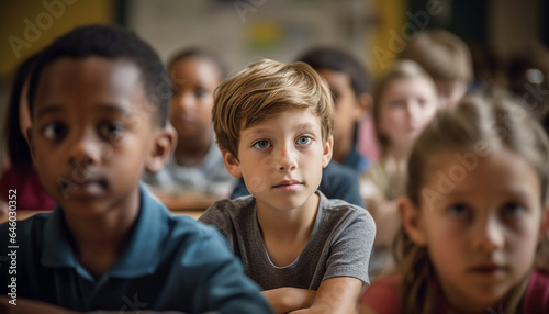 A group of cheerful school children sitting indoors, studying together generated by AI