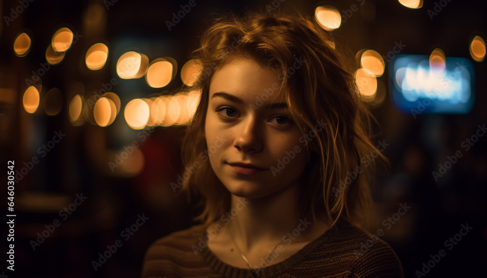 One young woman smiling, illuminated by Christmas lights at night generated by AI