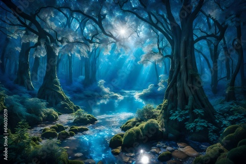 Amidst an enchanting fantasy landscape, towering trees with luminescent foliage create an otherworldly spectacle - AI Generative