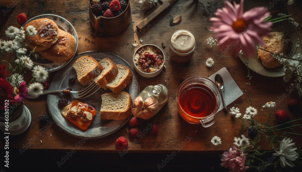 A gourmet meal with fresh fruit, baked bread, and chocolate generated by AI