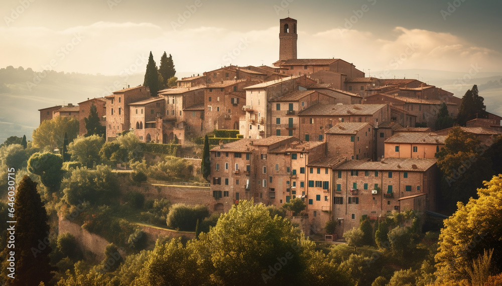 The ancient cathedral roof glows at sunset in Italy generated by AI