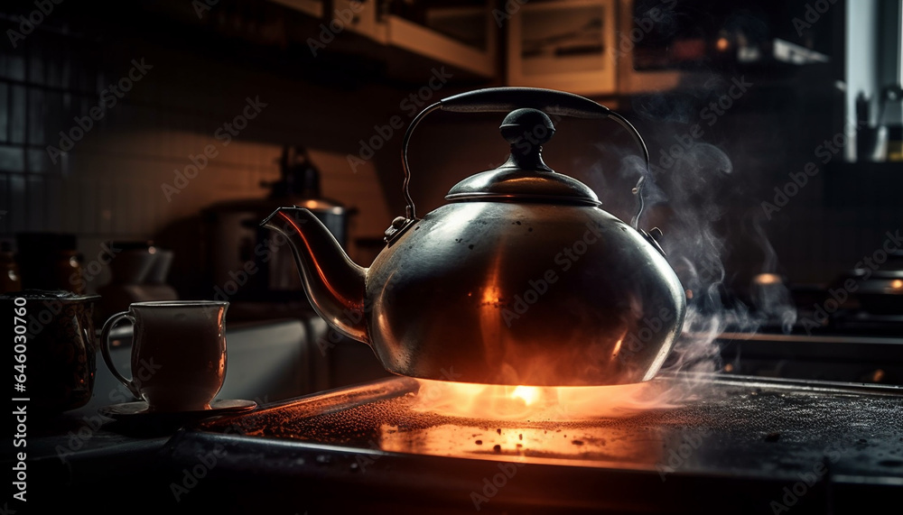 Hot tea poured from old fashioned kettle on antique wooden table generated by AI Hot tea poured from old fashioned kettle on antique wooden table generated by AI