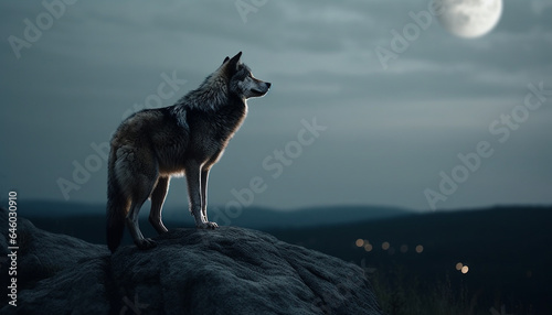 Majestic gray wolf standing in moonlit forest, howling at dusk generated by AI