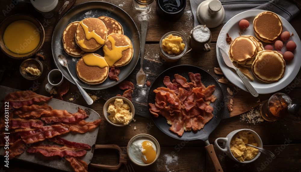 A rustic plate of unhealthy, indulgent American brunch with bacon generated by AI