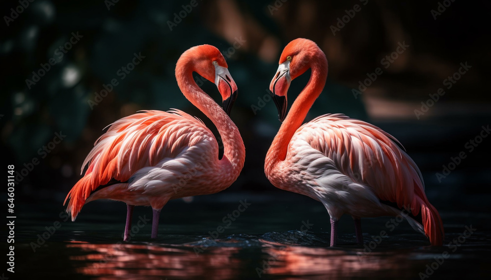 American flamingos wading in a tropical pond, showcasing natural elegance generated by AI American flamingos wading in a tropical pond, showcasing natural elegance generated by AI