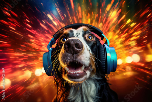 Cute dog scared and terrified of New Year's Eve fireworks, wearing protective earphones