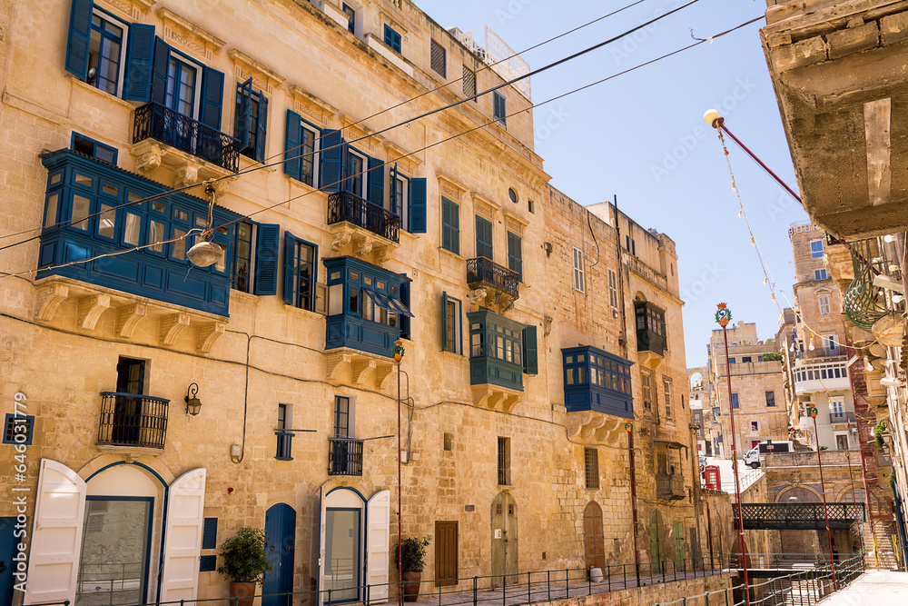Gallarija, the typical blue closed balconies in Valletta, Malta