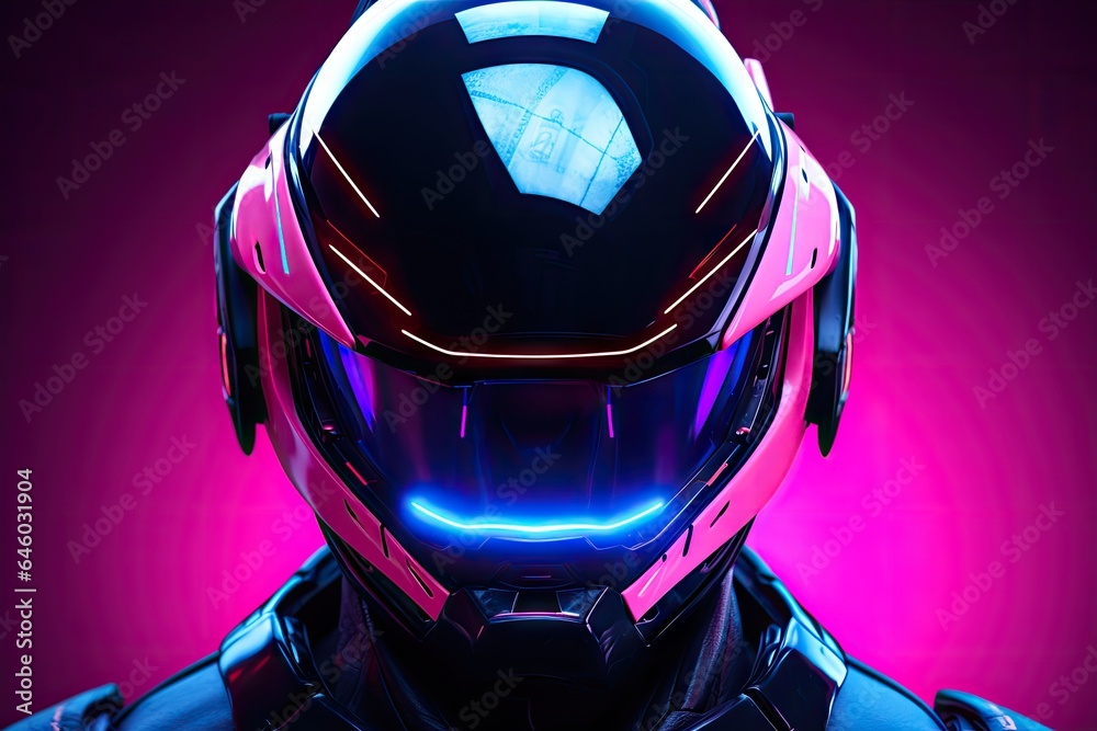 Futuristics robot cyborg with neon cyberpunk light helmet. Blue pink and purple colorful tone. Futuristics robot cyborg with neon cyberpunk light helmet. Blue pink and purple colorful tone.