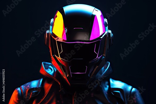 Futuristics robot cyborg with neon cyberpunk light helmet. Blue pink and purple colorful tone.