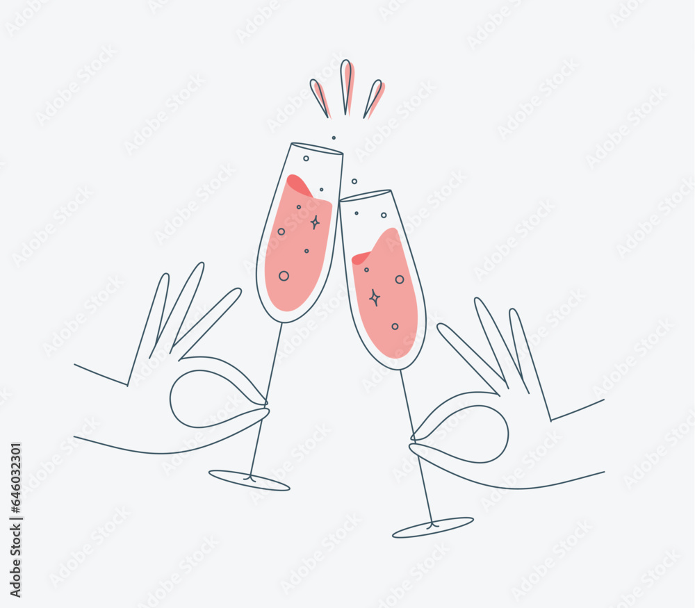 Hand holding champagne clinking glasses drawing in flat line style