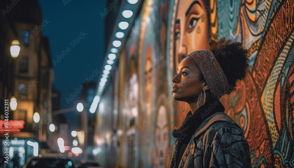 Stylish young woman walking through illuminated city streets at night generated by AI Stylish young woman walking through illuminated city streets at night generated by AI