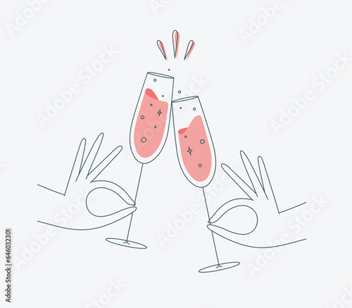 Obraz na płótnie Hand holding champagne clinking glasses drawing in flat line style w salonie