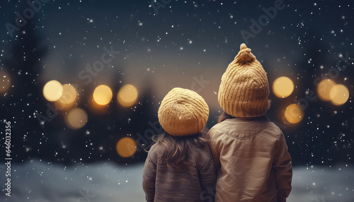 Two children walking in winter on New Year's Eve or Christmas