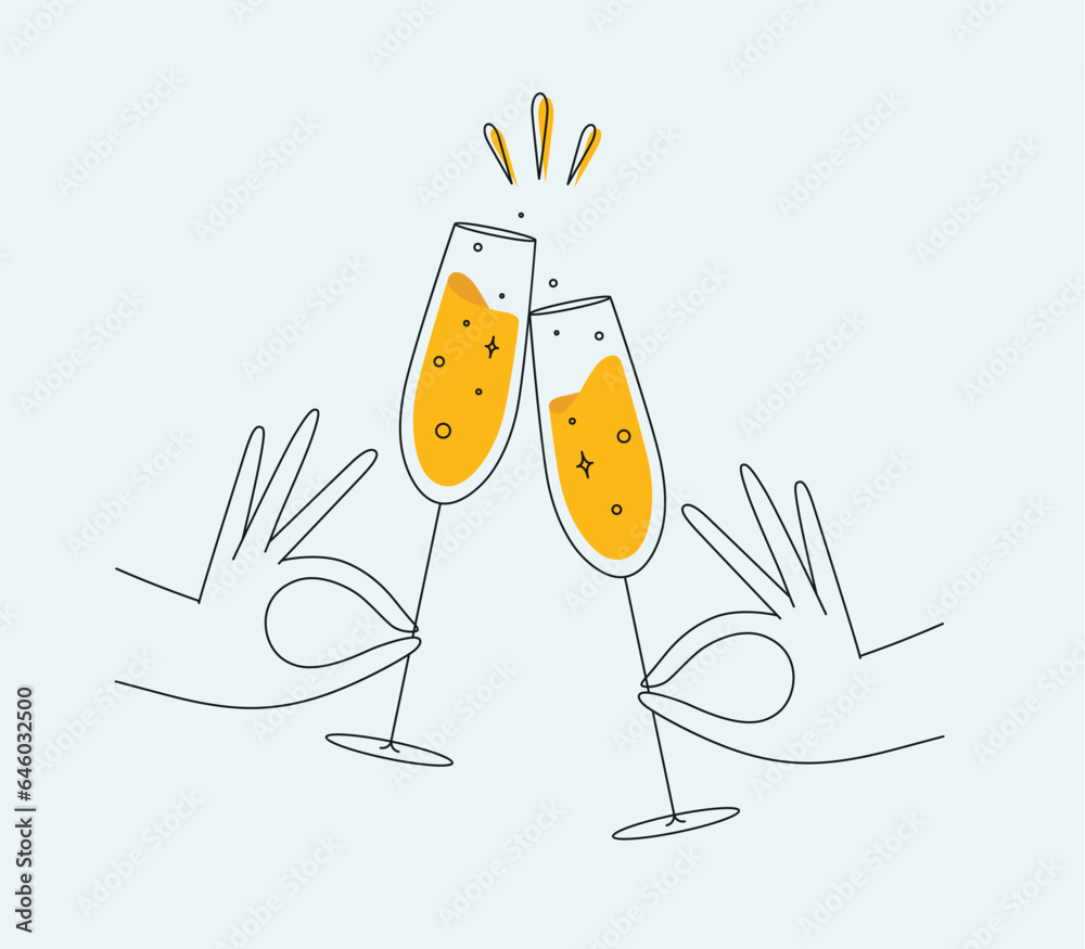 Hand holding champagne clinking glasses drawing in flat line style on light background