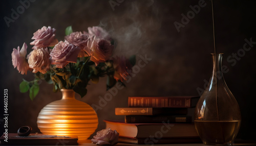 A rustic bouquet of fresh flowers on an old bookshelf generated by AI