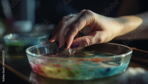 Unrecognizable person pouring multi colored drink, holding glass with wet hand generated by AI