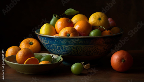 A rustic fruit bowl, filled with juicy citrus variations generated by AI