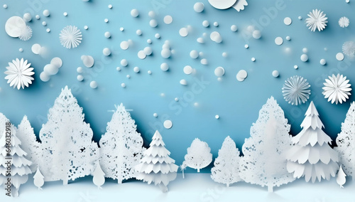 blue merry christmas paper snowflakes background tree art origami template winter. Generative AI.