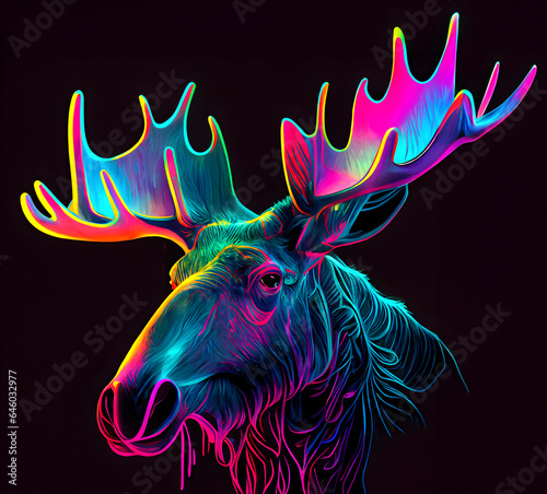 Moose in abstract, graphic highlighters lines rainbow ultra-bright neon artistic portrait, commercial, editorial advertisement, surrealism. Isolated on dark background photo