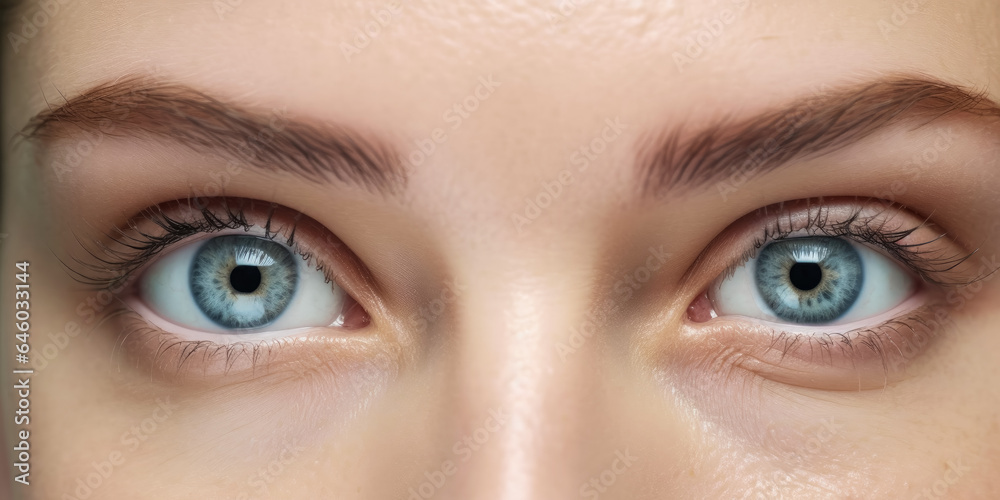 Young beautiful woman with blue eyes, closeup detail to her face, both iris visible. Generative AI Young beautiful woman with blue eyes, closeup detail to her face, both iris visible. Generative AI