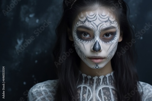Close-up portrait of a beautiful asian teenage girl with skeleton makeup on a solid plain background