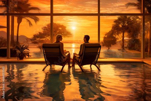 sunset travel relax back romantic honeymoon swimming vacation couple pool. Generative AI. photo