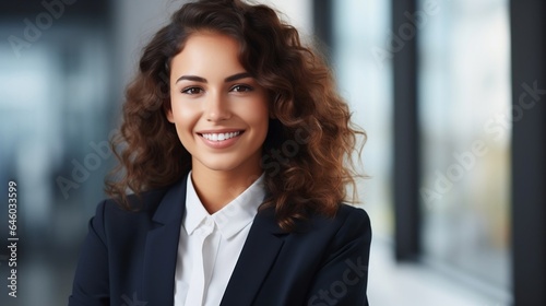 Portrait of young happy smiling business woman in office, looking at camera.