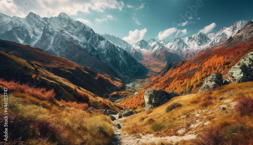 Tranquil scene of majestic mountain range, a perfect hiking adventure generated by AI