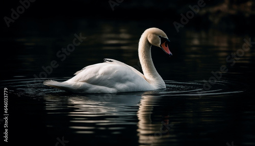 Majestic swan swimming in tranquil pond, reflecting natural beauty generated by AI