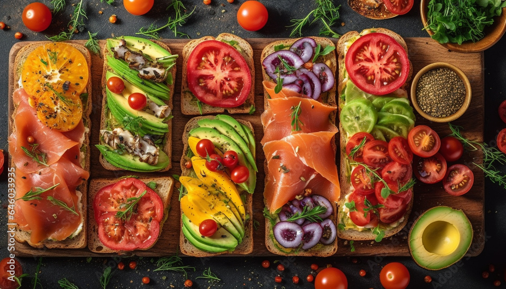 Fresh ciabatta sandwich with prosciutto, mozzarella, tomato, and grilled vegetables generated by AI Fresh ciabatta sandwich with prosciutto, mozzarella, tomato, and grilled vegetables generated by AI