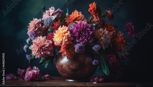 Rustic bouquet of purple and pink flowers on wooden table generated by AI © Stockgiu
